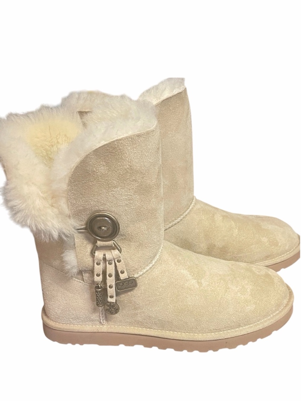 UGG Azalea Charms Boot Beige Sand Suede Boots with Fur Trim Size 8